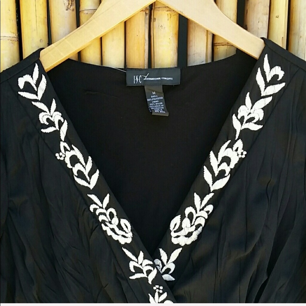 INC Black Silk Overlay Embroidery Detail Blouse M - Picture 2 of 4